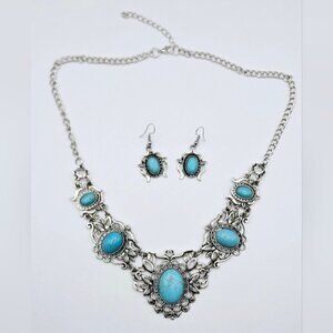 Turquoise Statement Necklace Set Silver Boho Western Bib Earrings Vintage